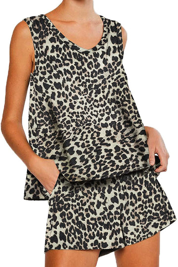 Womens Casual Sleeveless Tank With Shorts Sleepwear Set Nightwear Pj Set Loungewear With Pockets